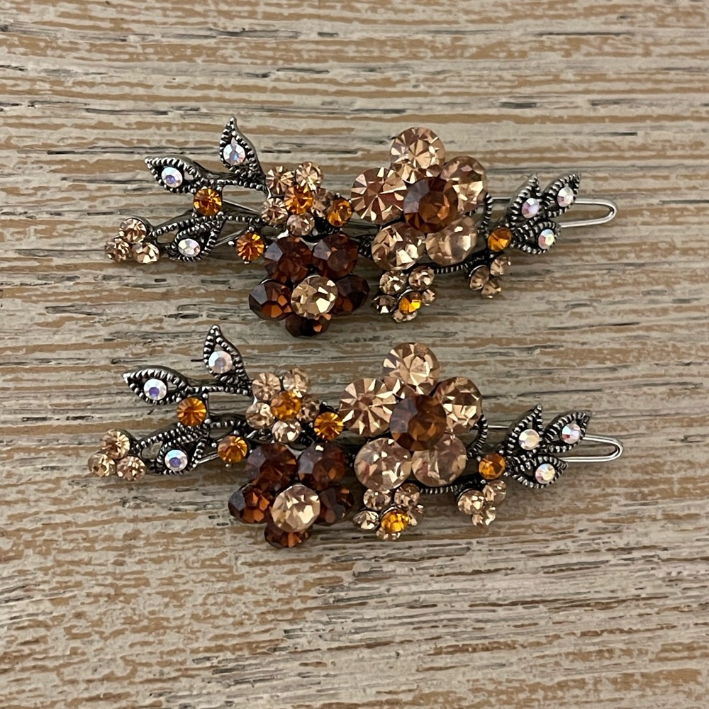 Elegant Brown and Gold Floral Hair Clips